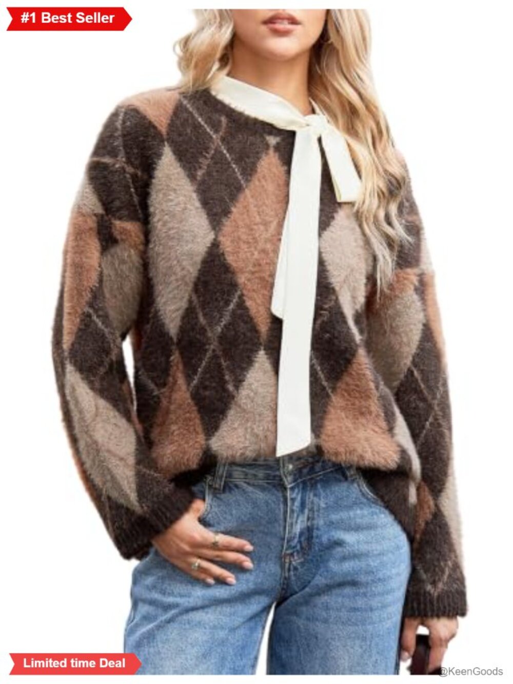 Fuzzy Knit Argyle Plaid Oversized Pullover Sweater Crew Neck Long Sleeve